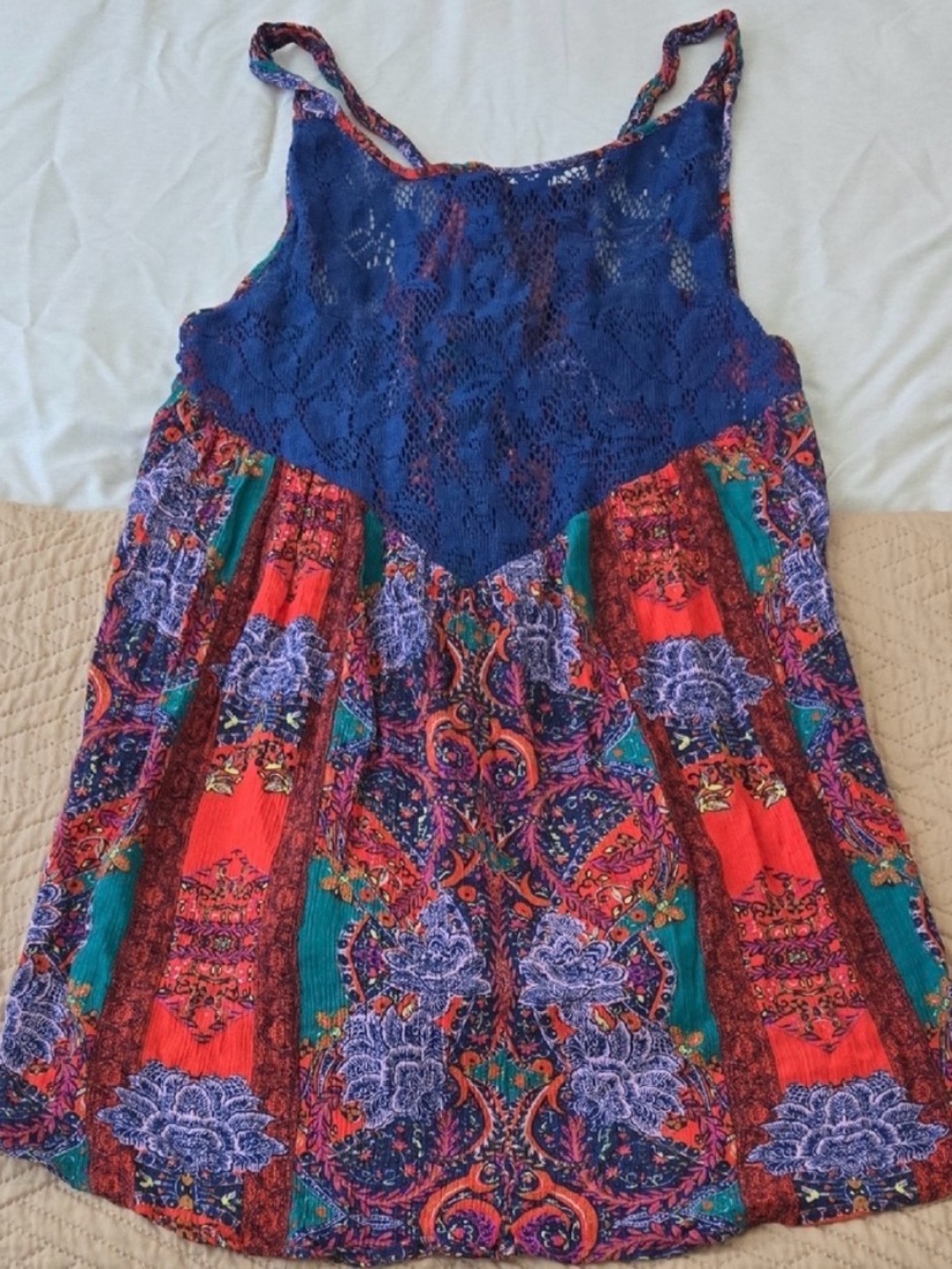 Free People Blue Lace & Multicolor Printed Boho Tunic